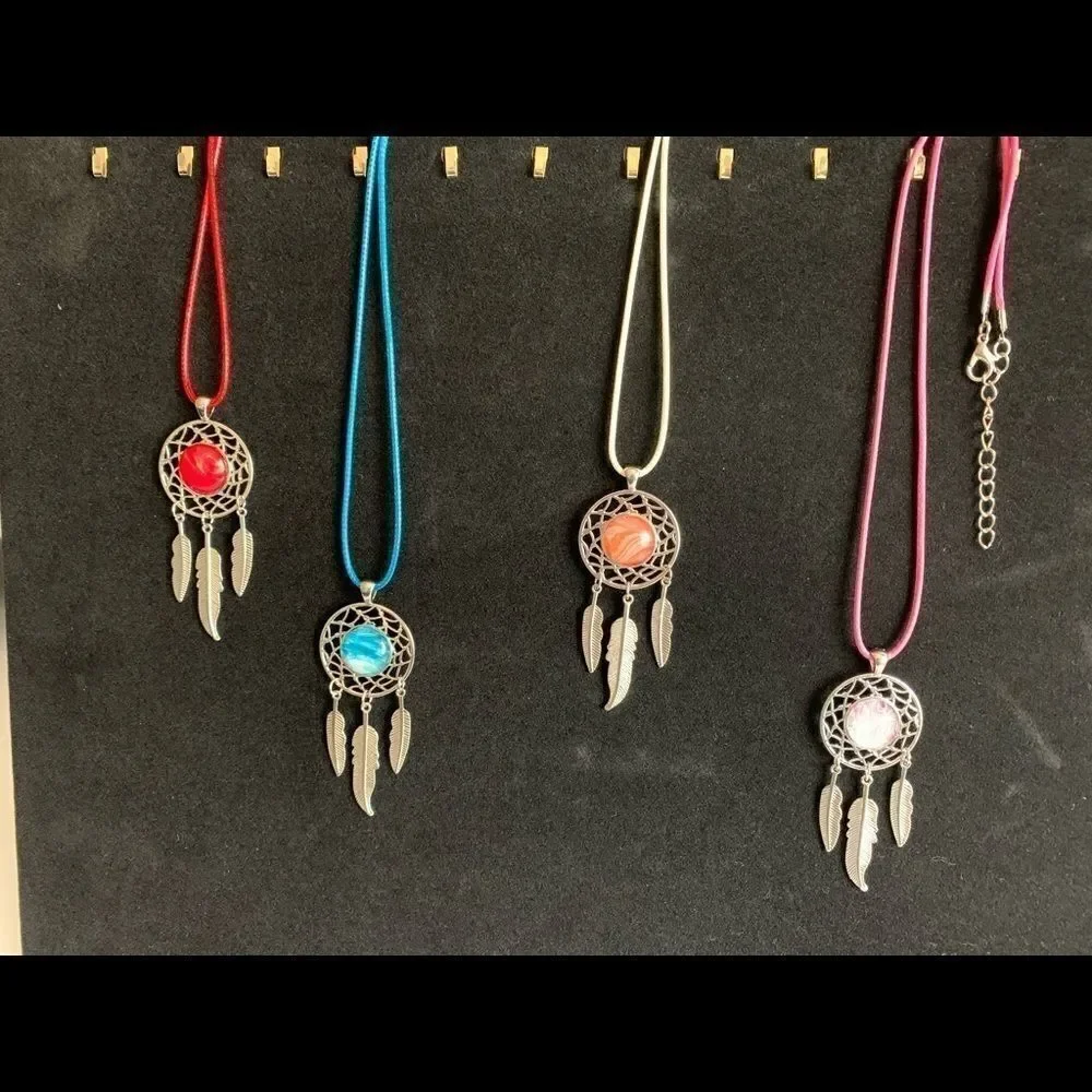 HAND PAINTED GLASS CABOCHON DREAMCATCHER CORDED NECKLACE‎